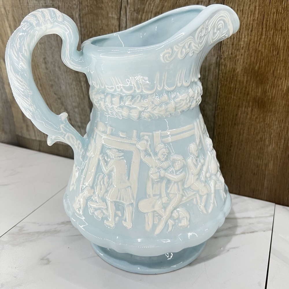 Antique Ridgway Staffordshire Tam O Shanter Lg Pitcher Jug Relief Light Blue 10" - Picture 5 of 12